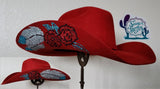 Ruby Rose Red Felt Cowboy Hat with Bling Feather and Rose Size 7 IN STOCK